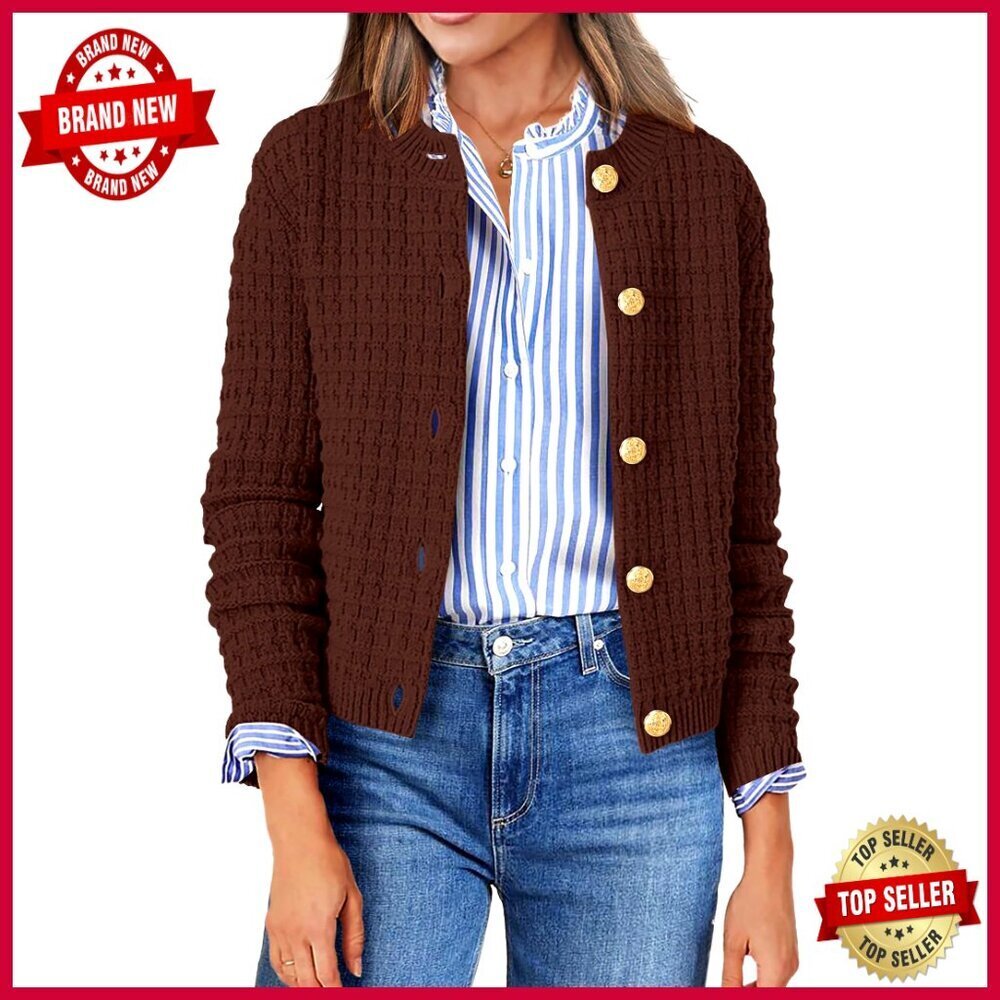Women's Cardigan Sweater Button Down Crew Neck Open Front Long Sleeve